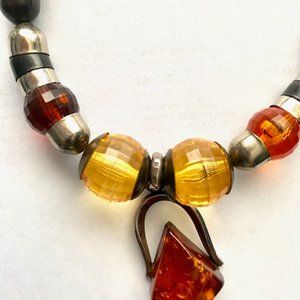 Amber. Hematite and silver rare one of a kind necklace